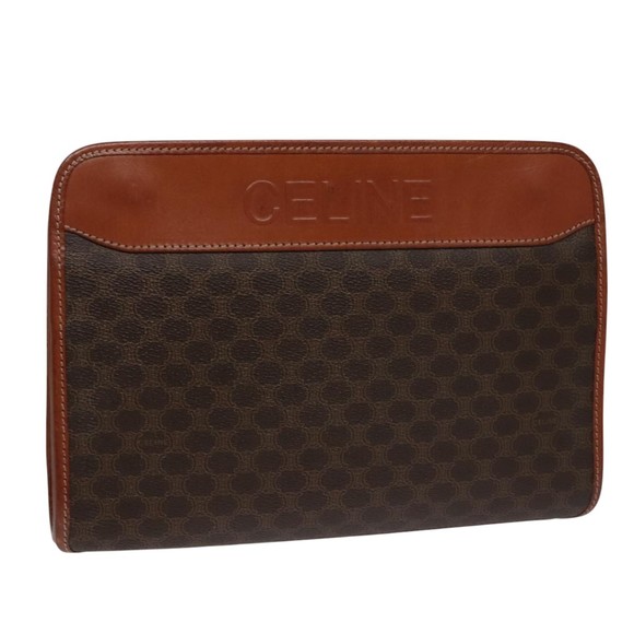 CELINE Macadam Canvas Clutch Bag PVC Leather Brown Gold Auth 106871 - Picture 1 of 16